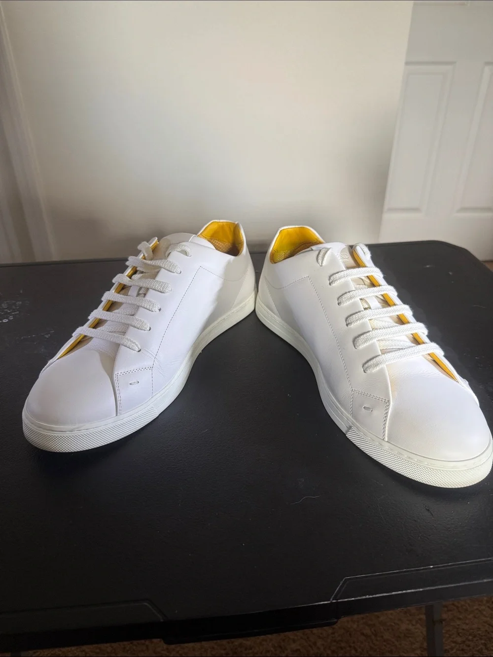 Fendi White Leather Low-Top Sneakers with Yellow and Black Graphic